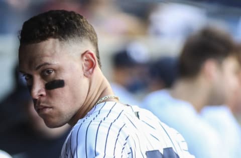 Oct 2, 2021; Bronx, New York, USA; New York Yankees right fielder Aaron Judge (99) in the dugout in the eighth inning against the Tampa Bay Rays at Yankee Stadium. Mandatory Credit: Wendell Cruz-USA TODAY Sports