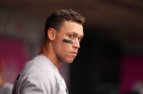 Sep 1, 2021; Anaheim, California, USA; New York Yankees right fielder Aaron Judge (99) watches from the dugout during the game against the Los Angeles Angels at Angel Stadium. Mandatory Credit: Kirby Lee-USA TODAY Sports