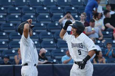 Hudson Valley Renegade Anthony Volpe celebrates hitting a home run with Wilkerman Garcia during Tuesday's game versus Jersey Shore on August 10, 2021.
Hudson Valley Renegades Anthony Volpe