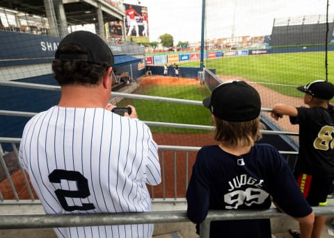 Yankee fans looks on as Corey Kluber throws in the bullpen ahead of the WooSox game against Scranton on Tuesday, August 17, 2021. Loc Woosox 817 17