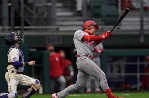 Indiana's Elijah Dunham (17) makes a hit during the first inning against the University of Evansville Purple Aces at the newly renovated German American Bank Field at Charles H. Braun Stadium in Evansville, Ind., Tuesday, March 10, 2020. The Purple Aces defeated the Hoosiers, 5-4. Iu Vs Ue 01