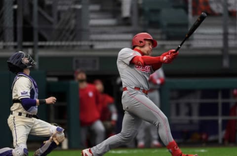 Indiana's Elijah Dunham (17) makes a hit during the first inning against the University of Evansville Purple Aces at the newly renovated German American Bank Field at Charles H. Braun Stadium in Evansville, Ind., Tuesday, March 10, 2020. The Purple Aces defeated the Hoosiers, 5-4.
Iu Vs Ue 01