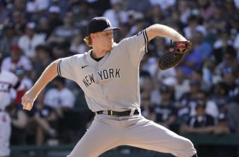 Aug 15, 2021; Chicago, Illinois, USA; New York Yankees relief pitcher Stephen Ridings (70) throws a pitch against the Chicago White Sox during the eighth inning at Guaranteed Rate Field. Mandatory Credit: David Banks-USA TODAY Sports