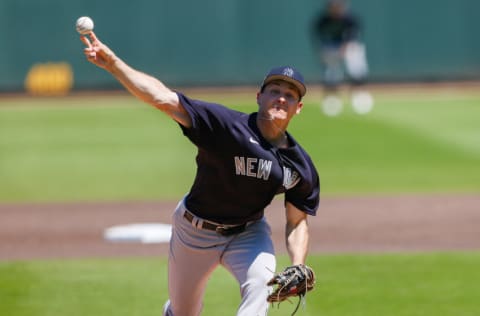 Mar 18, 2022; Bradenton, Florida, USA; New York Yankees pitcher Hayden Wesneski (19) in the first inning against the Pittsburgh Pirates during spring training at LECOM Park. Mandatory Credit: Nathan Ray Seebeck-USA TODAY Sports