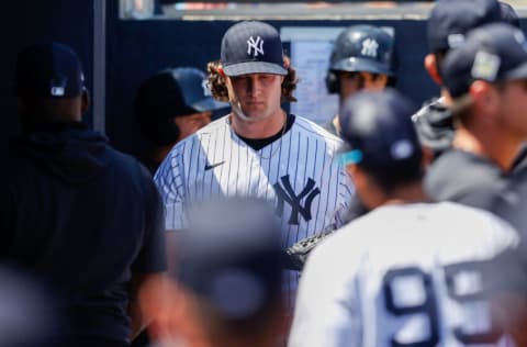 Mar 27, 2022; Tampa, Florida, USA; New York Yankees starting pitcher Gerrit Cole (45) leaves the game in the third inning against the Pittsburgh Pirates during spring training at George M. Steinbrenner Field. Mandatory Credit: Nathan Ray Seebeck-USA TODAY Sports