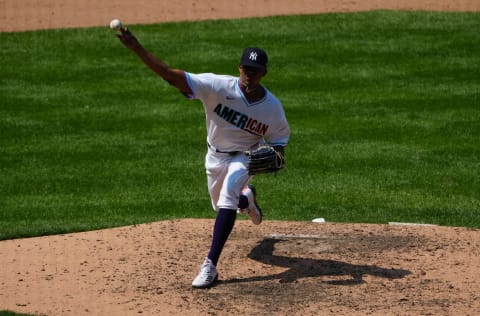 American League relief pitcher Luis Medina (18) Mandatory Credit: Ron Chenoy-USA TODAY Sports