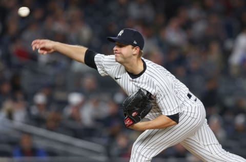 Apr 22, 2022; Bronx, New York, USA; New York Yankees starting pitcher Michael King (34) delivers a pitch during the eighth inning against the Cleveland Guardians at Yankee Stadium. Mandatory Credit: Vincent Carchietta-USA TODAY Sports