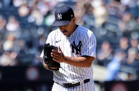 May 9, 2022; Bronx, New York, USA; New York Yankees starting pitcher Nestor Cortes reacts during the sixth inning of a baseball game against the Texas Rangers at Yankee Stadium. Mandatory Credit: Jessica Alcheh-USA TODAY Sports