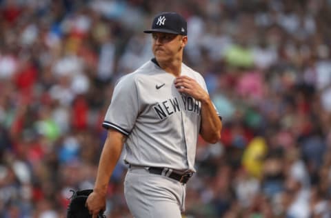 Jul 10, 2022; Boston, Massachusetts, USA; New York Yankees starting pitcher Jameson Taillon (50) reacts during the second inning against the Boston Red Sox at Fenway Park. Mandatory Credit: Paul Rutherford-USA TODAY Sports