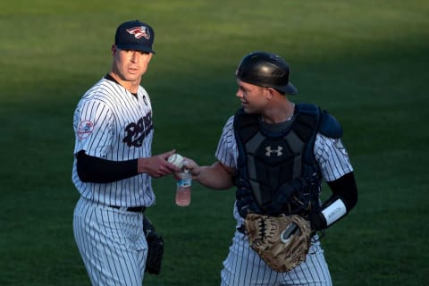 Somerset Patriot catcher Josh Breaux #19, leave the field prior to staring Tuesday nightÕs game for the Double-A Somerset Patriots. The Patriots take on the Akron RubberDucks (Cleveland Indians) at TD Bank Ballpark in Bridgewater.