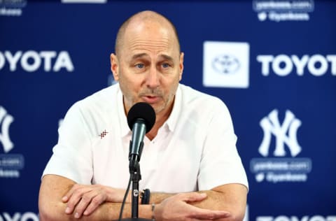 Mar 14, 2022; Tampa, FL, USA; New York Yankees general manager Brian Cashman talks with media during spring training workouts at George M. Steinbrenner Field. Mandatory Credit: Kim Klement-USA TODAY Sports