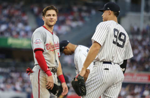 Jun 13, 2018; Bronx, NY, USA; Washington Nationals shortstop Trea Turner (7) and New York Yankees right fielder Aaron Judge (99) at Yankee Stadium. Mandatory Credit: Wendell Cruz-USA TODAY Sports