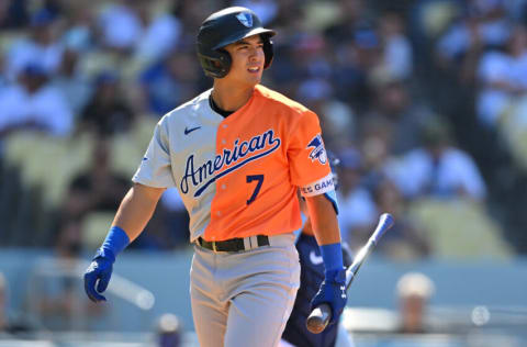 Jul 16, 2022; Los Angeles, CA, USA; American League Futures shortstop Anthony Volpe (7) returns to the dugout after striking out in the first inning of the All Star-Futures Game at Dodger Stadium. Mandatory Credit: Jayne Kamin-Oncea-USA TODAY Sports