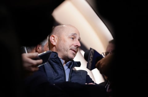 Nov 8, 2022; Las Vegas, NV, USA; New York Yankees Brian Cashman answers questions to the media during the MLB GM Meetings at The Conrad Las Vegas. Mandatory Credit: Lucas Peltier-USA TODAY Sports