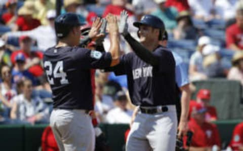 New York Yankees first baseman Greg Bird (33) is congratulated by catcher Gary Sanchez (24). Mandatory Credit: Kim Klement-USA TODAY Sports