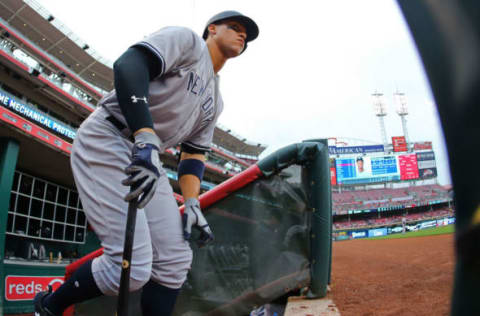 May 9, 2017; Cincinnati, OH, USA; New York Yankees right fielder Aaron Judge (99) against the Cincinnati Reds at Great American Ball Park. Mandatory Credit: Aaron Doster-USA TODAY Sports