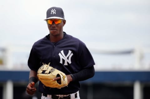 Mar 12, 2017; Tampa, FL, USA; New York Yankees shortstop Jorge Mateo (93) runs back to the dugout against the Atlanta Braves at George M. Steinbrenner Field. Mandatory Credit: Kim Klement-USA TODAY Sports