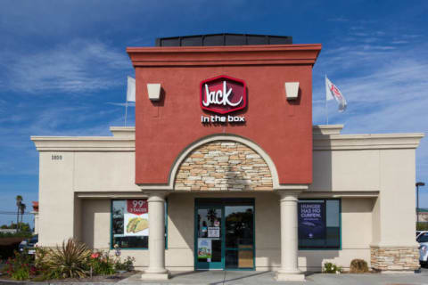 The front exterior of a Jack-in-the-Box restaurant