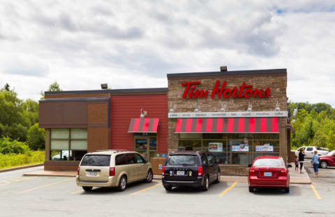 The front exterior of a Tim Hortons restaurant