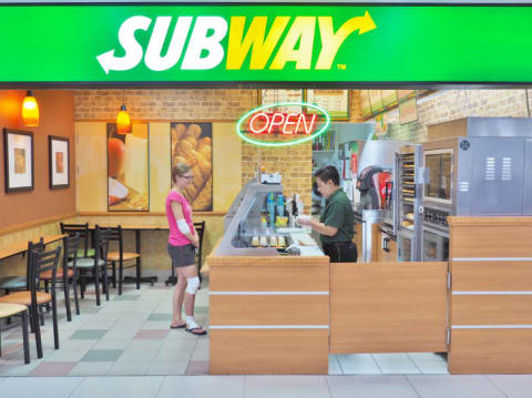 The front exterior of a mall's Subway restaurant