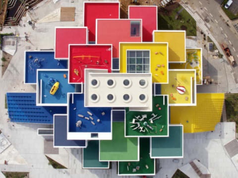 Aerial rooftop view of the LEGO Group's new LEGO® House in Billund, Denmark.