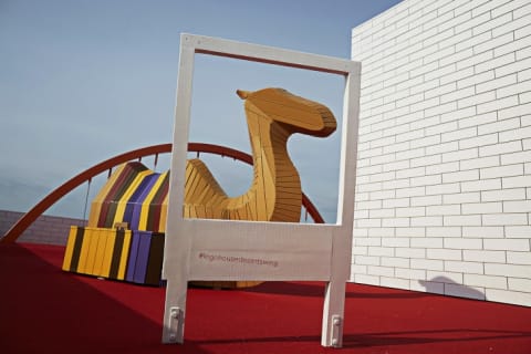 Oversize LEGO model sits on a LEGO House terrace