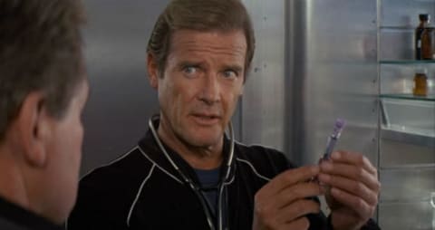 Roger Moore is Bond, James Bond in A View to a Kill (1985).