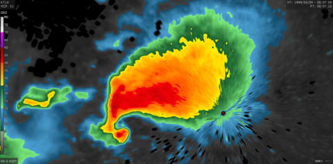 A radar image of the supercell that produced a mile-wide F5 tornado near Oklahoma City on May 3, 1999.