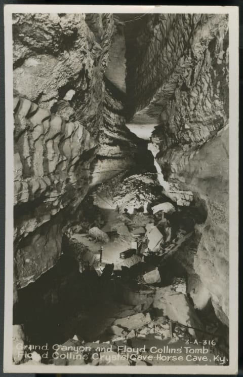 The coffin of Floyd Collins rests in the Grand Canyon of Crystal Cave.