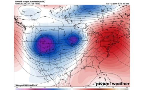 A weather model image showing the trough over the Rockies and the strong ridge over the East Coast. This image shows the 500 millibar level, which is about 18,000 feet above sea level.