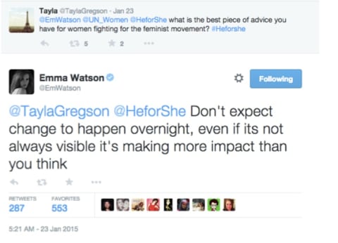 A tweet by Emma Watson reads: '@TaylaGregson @HeforShe Don't expect change to happen overnight, even if its not always visible it's making more impact than you think'