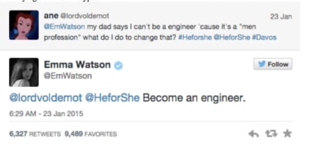 A screenshot of an Emma Watson tweet encouraging a fan to 'Become an engineer.'