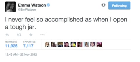 An Emma Watson tweet reads: 'I never feel so accomplished as when I open a tough jar.'