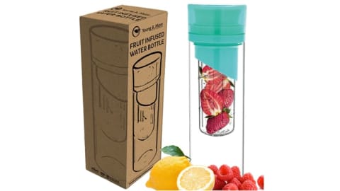 An infuser water bottle filled with strawberries