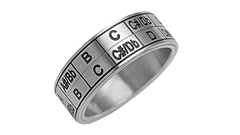 A silver ring with music keys listed on it