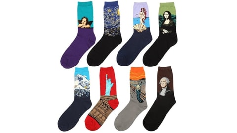 Eight pairs of socks decorated with images of the Mona Lisa, the Statue of Liberty, and more