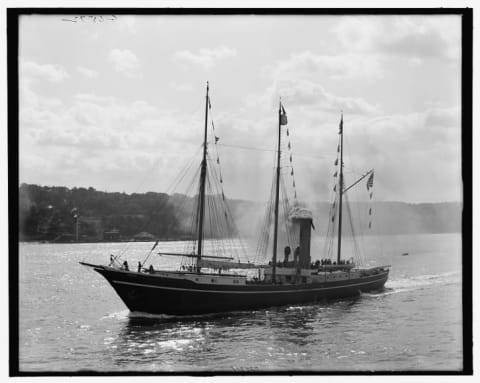 Peary's custom-designed steamer Roosevelt chugs down the Hudson River in 1909.