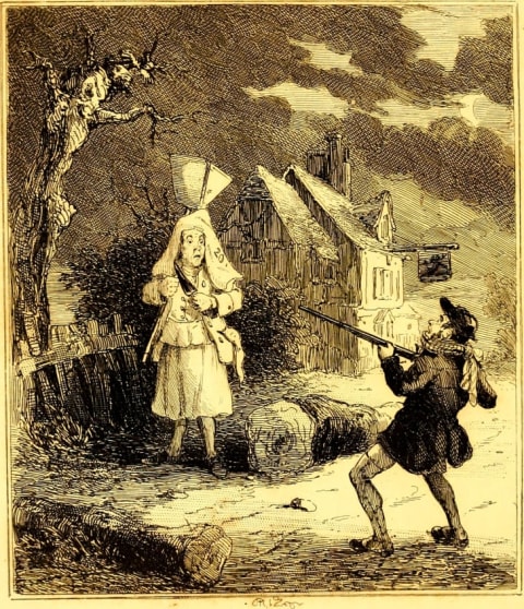 A depiction of Francis Smith hunting the Hammersmith ghost in The Newgate Calendar.