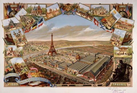 A postcard showing the Eiffel Tower at the Exposition Universelle in Paris.