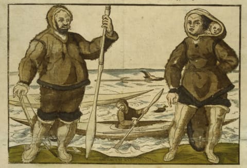 This 16th-century drawing depicts Kalicho, Arnaq, and Nutaaq (in Arnaq's hood) after they arrived in England.